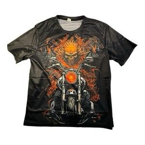 Skull Motorcycle T Shirt Flames Black Red Sz XXL Short Sleeves Lightweight